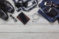 Top view accessories to travel with man clothing concept. Royalty Free Stock Photo