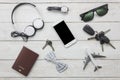 Top view accessories to travel with man clothing. Royalty Free Stock Photo