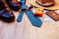 Top view accessories for travel on old wood