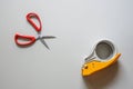 top view adhesive tape holder with blade and red scissors Royalty Free Stock Photo
