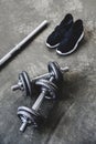 top view of adjustable dumbbells and bar with sneakers