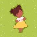 Top View of Adorable African American Girl Lying Down on Green Lawn, Cute Kid Lying on Grass Dreamily Looking into Sky Royalty Free Stock Photo