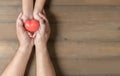 Top view of adult and child holding red heart in hands Royalty Free Stock Photo