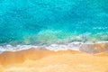 Top view aerial drone photo of ocean seashore with beautiful turquoise water and sea waves. Caribbean resort. Vacation travel