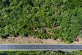 Top view aerial drone shot of a straight asphalt road leading in the green forest on Madera island, Portugal. Safety transport Royalty Free Stock Photo