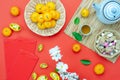 Shot of arrangement decoration Chinese new year & lunar new year holiday background concept. Royalty Free Stock Photo