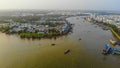 Top view aerial view love bridge or Ninh Kieu quay of downtown in Can Tho City, Vietnam with development buildings, transportation