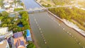 Top view aerial view love bridge or Ninh Kieu quay of downtown in Can Tho City, Vietnam with development buildings, transportation