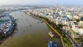 Top view aerial view love bridge or Ninh Kieu quay of downtown in Can Tho City, Vietnam with development buildings, transportation