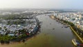 Top view aerial view love bridge or Ninh Kieu quay of downtown in Can Tho City, Vietnam with development buildings, transportation