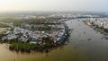 Top view aerial view love bridge or Ninh Kieu quay of downtown in Can Tho City, Vietnam with development buildings, transportation