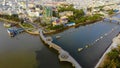 Top view aerial view love bridge or Ninh Kieu quay of downtown in Can Tho City, Vietnam with development buildings, transportation