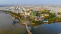 Top view aerial view love bridge or Ninh Kieu quay of downtown in Can Tho City, Vietnam with development buildings, transportation