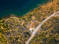 Top view aerial photo from flying drone of an amazing seascape with paradise beach and sea with turquoise water. Royalty Free Stock Photo