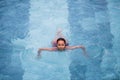 Top view aerial photo of a seductive model in white swimwear is enjoying relax in hotel pool during her summer Royalty Free Stock Photo