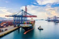 Top view, aerial view the ship container for transporting goods by sea at sea port warehouse and crane ship working for delivery