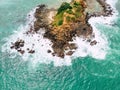 Top view aerial shot of tropical sea coast with beach, rocks, long shot Royalty Free Stock Photo