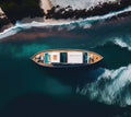 Top view aerial shot of yacht at ocean coastline, generative ai