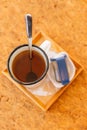 Top view of Afternoon Tea Set served hot water in gray pot with tin cup and tea infuser Royalty Free Stock Photo
