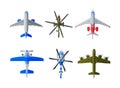 Top view of aircrafts and helicopter set. Various civil and military airplanes cartoon vector illustration