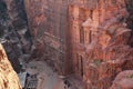 Top view of Al Khazneh or Treasury - Nabatean rock-cut temple of Hellenistic period of ancient Petra, originally known to