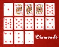 Top view of all diamond playing cards from the table placed on a red table