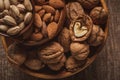 Top view of almonds, pistachio nuts and walnuts in bowls