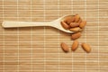 Top view of almonds poured on wooden spoon placed on brown wooden mat. Royalty Free Stock Photo