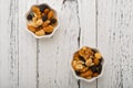 Top view almonds and walnuts and cashew nuts and raisin and dry blueberries Royalty Free Stock Photo