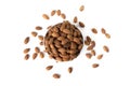 Top view, almonds in a white bowl on a white background