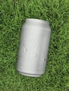 Top view. of Aluminum can with water droplets on grass green Royalty Free Stock Photo