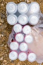 Top view aluminum, metal unopened cans in two open packs, package with plastic foil over Royalty Free Stock Photo