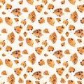 Top view of American chocolate chip cookie pieces with crumbs repeat seamless pattern on light background. Royalty Free Stock Photo