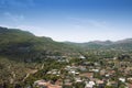 Top view from the ancient fortress on the Old Bar in Montenegro. Landscape with mountains and sky. In the center of the frame is a