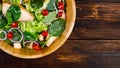 Top view angle photo of grilled chicken breast fresh and fillet vegetable salad with a variety of kinds of natural vegetables in Royalty Free Stock Photo