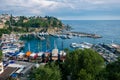 Top view of Antalya city and harbour with moored ships Royalty Free Stock Photo