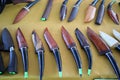 Top view, antique knife collection, wooden handle Many Asian styles lined up.