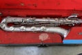 top view of antique silver saxophone instrument collection broken instrument can't use