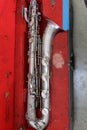 top view of antique silver saxophone instrument collection broken instrument can't use