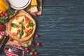 top view of appetizing tasty pizza on wooden table