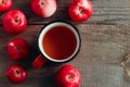 apple drink in a red cup and ripe red apples on a wooden background copy space Royalty Free Stock Photo