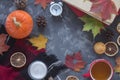 Top view apportion from autumn objects on a concrete background. Autumn still life Royalty Free Stock Photo