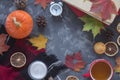 Top view apportion from autumn objects on a concrete background. Autumn still life