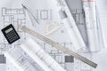 top view of architect blueprints ruler protractor calculator Royalty Free Stock Photo