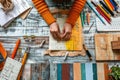 Top view of an architect drawing a sketch of a modern residential building. Workspace of a designer creating a project Royalty Free Stock Photo