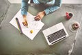 Top view of architect woman sketching a kitchen Royalty Free Stock Photo