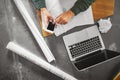 Top view of architect woman working at computer and calling her Royalty Free Stock Photo