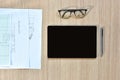 A top view of architect working desk with equipment for drawings pens sketched idea on wood table Royalty Free Stock Photo