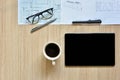 A top view of architect working desk with equipment for drawings pens sketched idea on wood table Royalty Free Stock Photo