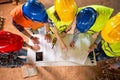 Top view of architects check blue print if construction is going Royalty Free Stock Photo